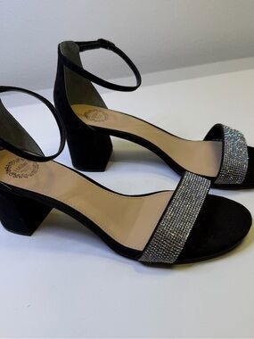 Black Ankle-Strap Block Heel Sandals with Rhinestone Toe Band